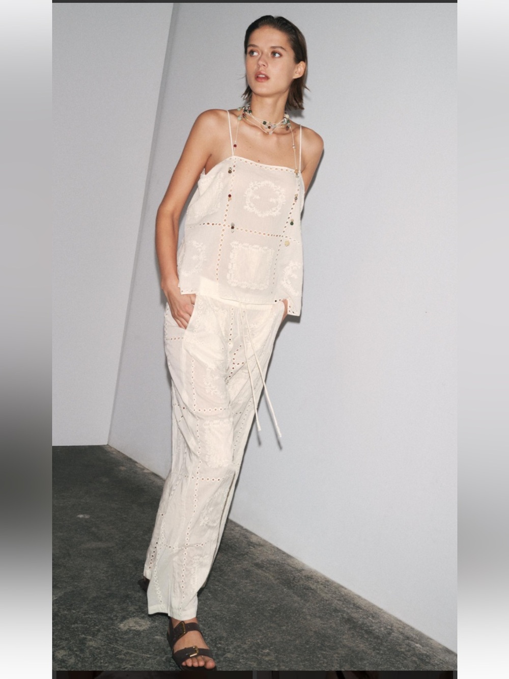 Zara ZW collection Cream Eyelet  embroidered set with top and Drawstring Pant